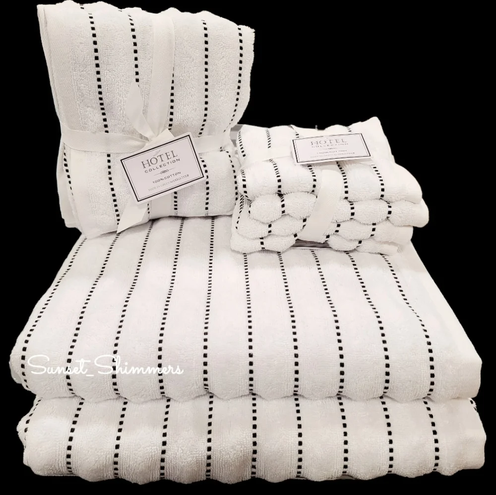 8pc Hotel Collection Bath Hand Washcloth White Black Dot Pinstripe TOWEL Set New